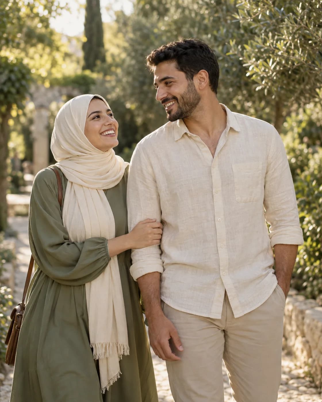 AI-generated illustration of an adult couple sharing a laugh in a garden