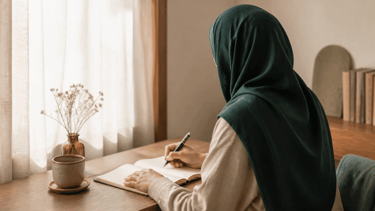 A Muslim woman privately writing notes for a mahr conversation