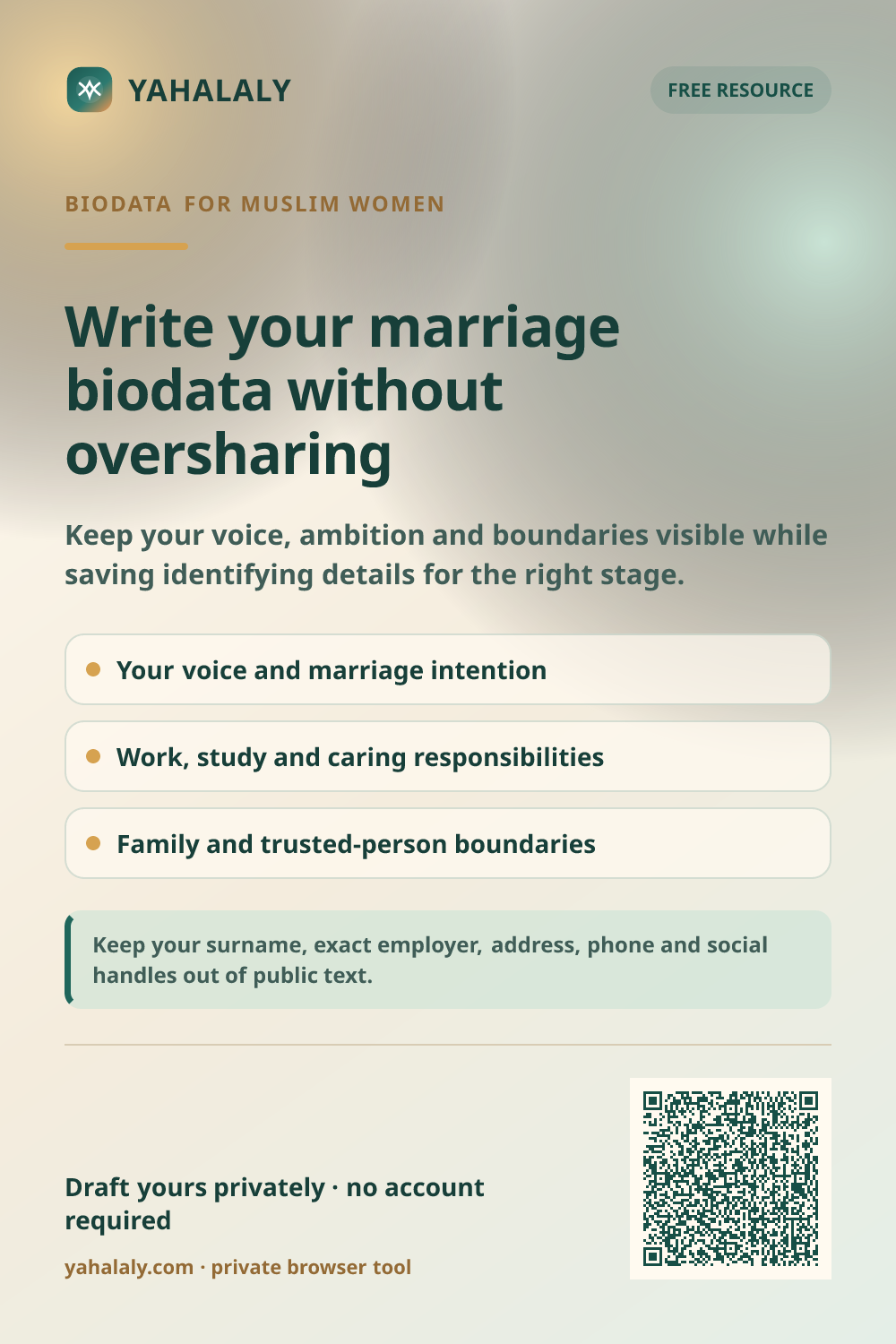 Yahalaly Pinterest card showing what to include in a Muslim marriage biodata without oversharing