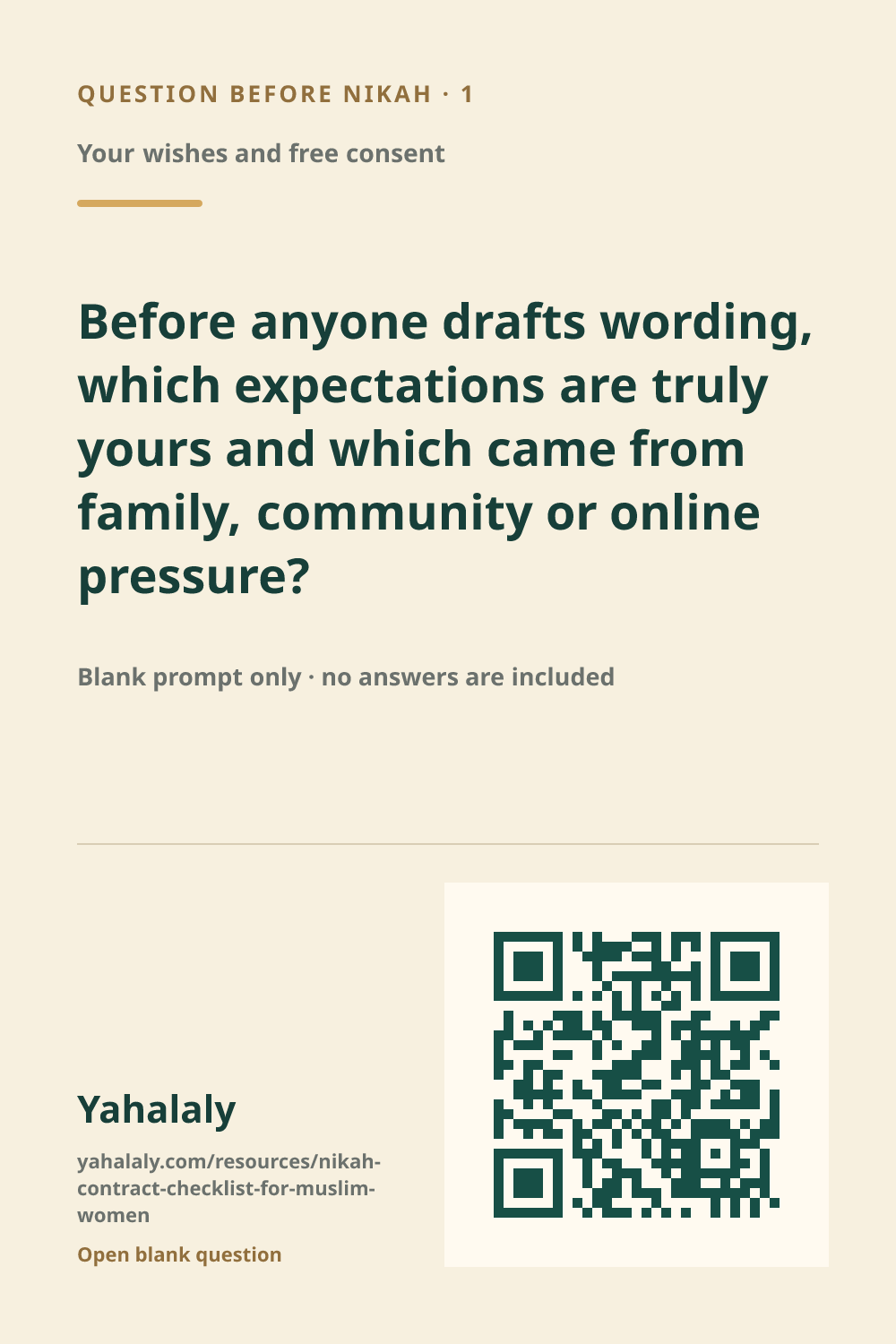 Blank Yahalaly Nikah contract preparation card 1: Your wishes and free consent